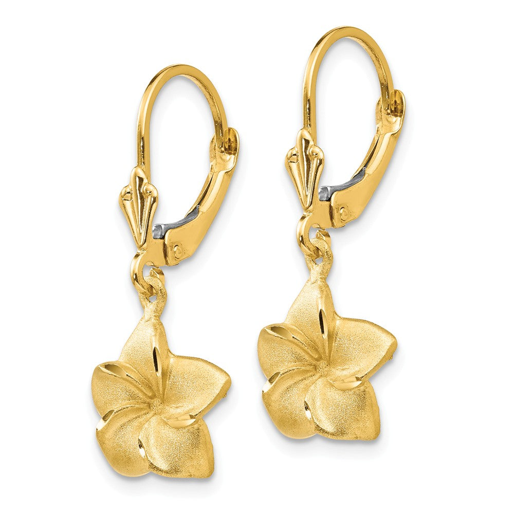 Alternate view of the 11mm Satin and Diamond Cut Plumeria Dangle Earrings in 14k Yellow Gold by The Black Bow Jewelry Co.