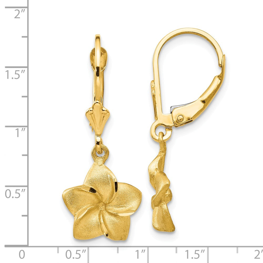 Alternate view of the 11mm Satin and Diamond Cut Plumeria Dangle Earrings in 14k Yellow Gold by The Black Bow Jewelry Co.