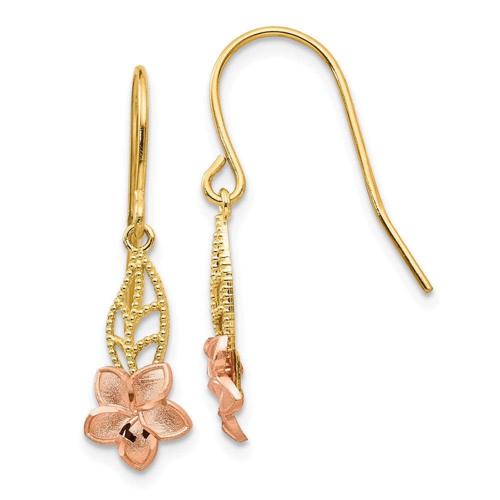 Small Two Tone Plumeria Dangle Earrings in 14k Yellow and Rose Gold, Item E10782 by The Black Bow Jewelry Co.