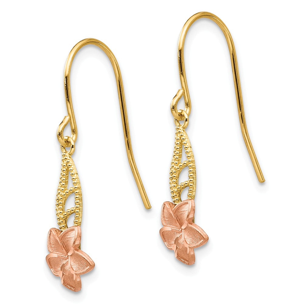 Alternate view of the Small Two Tone Plumeria Dangle Earrings in 14k Yellow and Rose Gold by The Black Bow Jewelry Co.