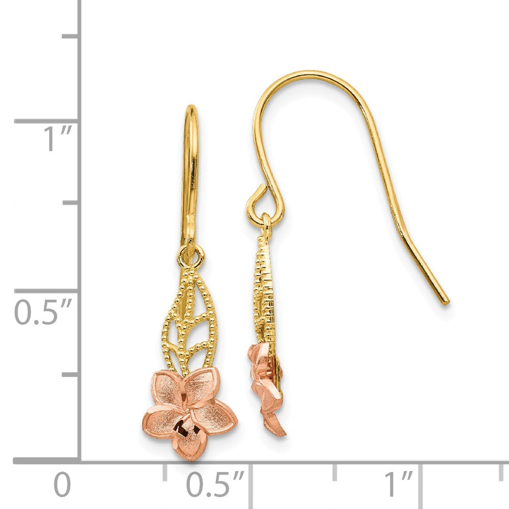 Alternate view of the Small Two Tone Plumeria Dangle Earrings in 14k Yellow and Rose Gold by The Black Bow Jewelry Co.