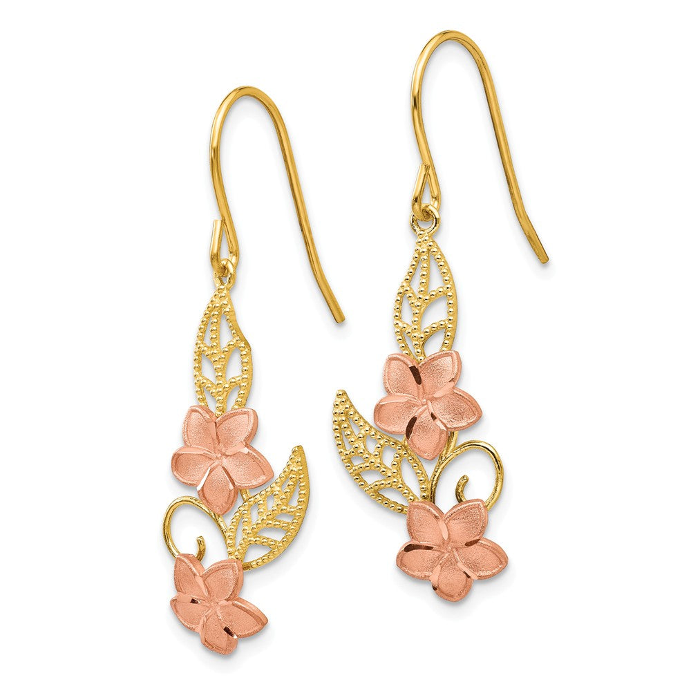 Alternate view of the Two Tone Double Plumeria Dangle Earrings in 14k Yellow and Rose Gold by The Black Bow Jewelry Co.