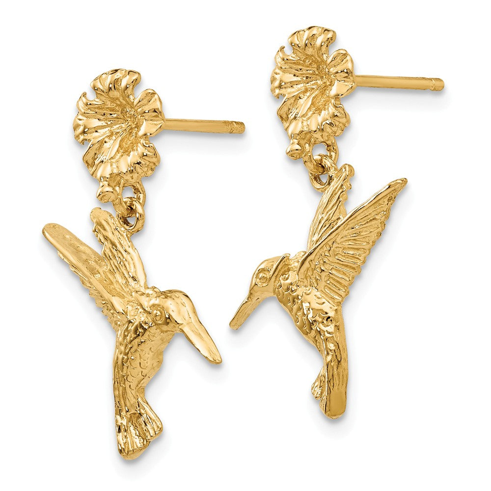 Hummingbird and Flower Dangle Post Earrings in 14k Yellow Gold