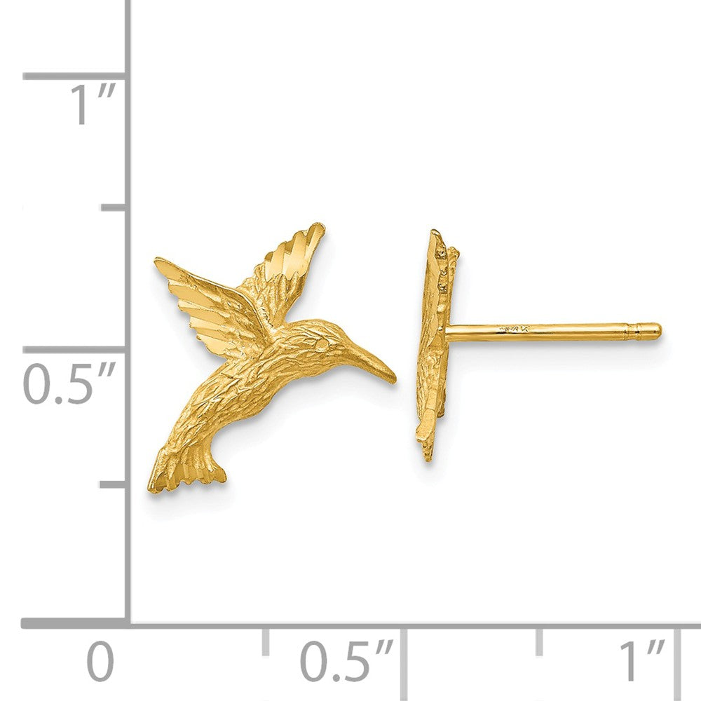 Alternate view of the 13mm Satin Hummingbird Post Earrings in 14k Yellow Gold by The Black Bow Jewelry Co.