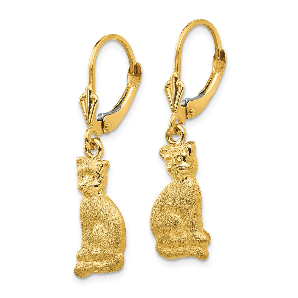 Alternate view of the Polished and Satin Cat Lever Back Earrings in 14k Yellow Gold by The Black Bow Jewelry Co.