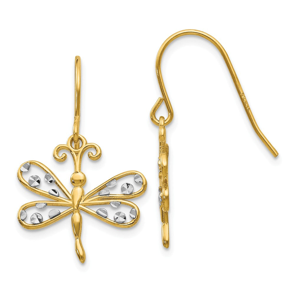 15mm Two Tone Dragonfly Dangle Earrings in 14k Gold, Item E10789 by The Black Bow Jewelry Co.