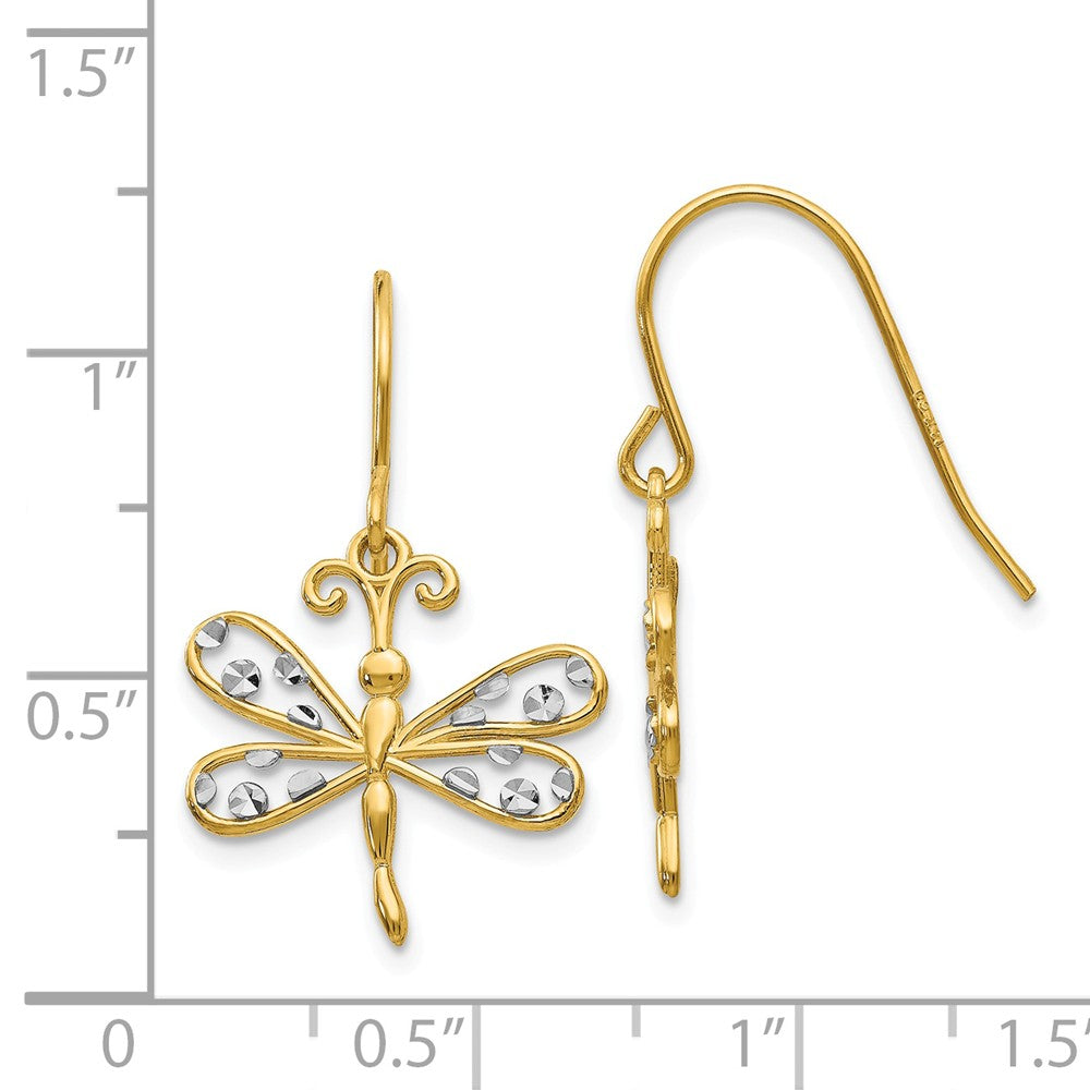 Alternate view of the 15mm Two Tone Dragonfly Dangle Earrings in 14k Gold by The Black Bow Jewelry Co.