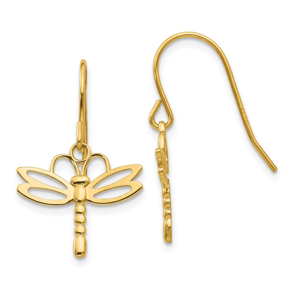 Polished Dragonfly Dangle Earrings in 14k Yellow Gold, Item E10790 by The Black Bow Jewelry Co.