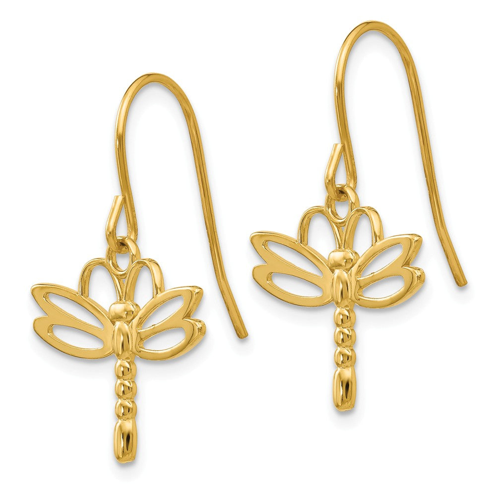 Alternate view of the Polished Dragonfly Dangle Earrings in 14k Yellow Gold by The Black Bow Jewelry Co.