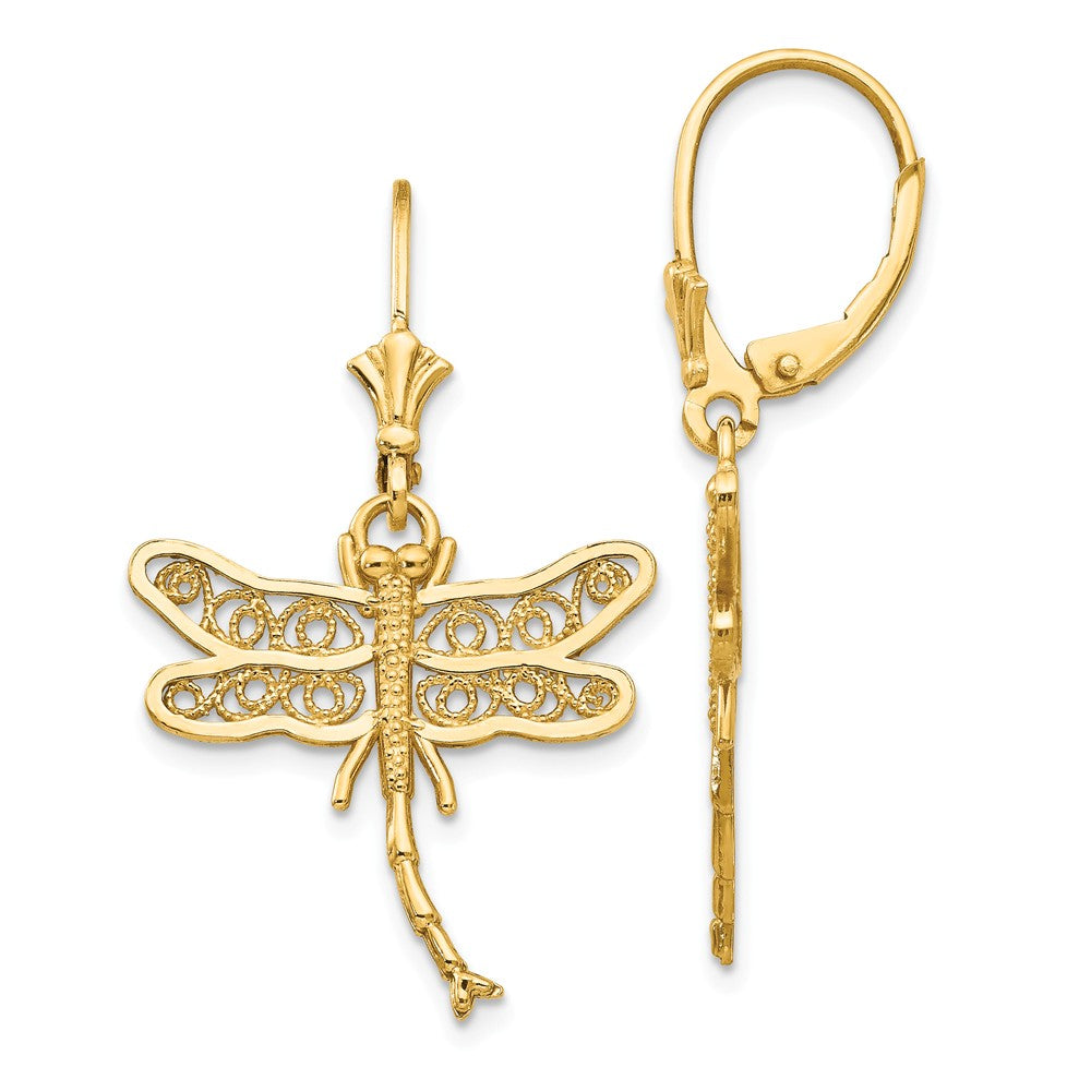21mm Filigree Dragonfly Lever Back Earrings in 14k Yellow Gold, Item E10791 by The Black Bow Jewelry Co.