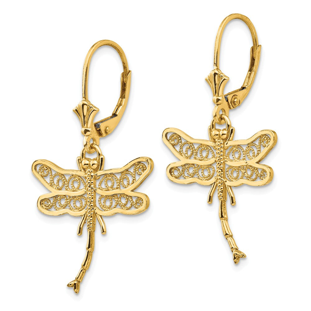 Alternate view of the 21mm Filigree Dragonfly Lever Back Earrings in 14k Yellow Gold by The Black Bow Jewelry Co.