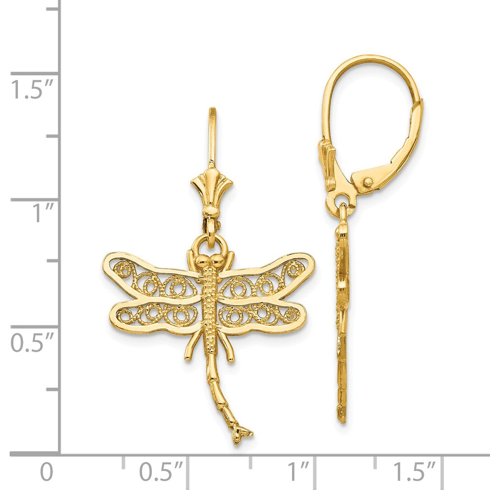 Alternate view of the 21mm Filigree Dragonfly Lever Back Earrings in 14k Yellow Gold by The Black Bow Jewelry Co.