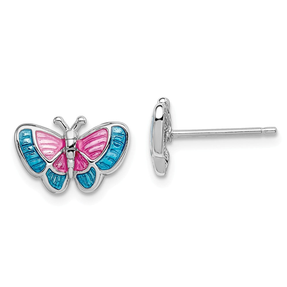 Pink and Blue Enameled Butterfly Post Earrings in Sterling Silver, Item E10794 by The Black Bow Jewelry Co.