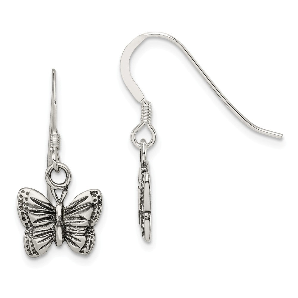 10mm Antiqued Butterfly Dangle Earrings in Sterling Silver, Item E10796 by The Black Bow Jewelry Co.