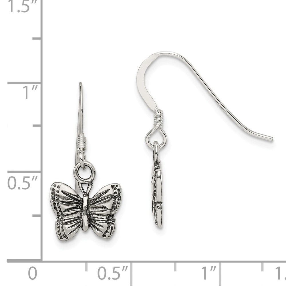 Alternate view of the 10mm Antiqued Butterfly Dangle Earrings in Sterling Silver by The Black Bow Jewelry Co.