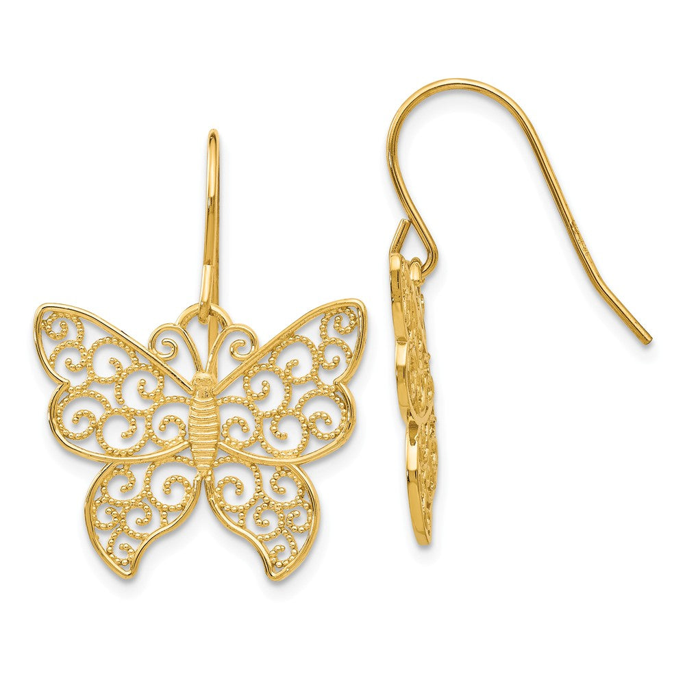 20mm Textured Filigree Butterfly Dangle Earrings in 14k Yellow Gold, Item E10799 by The Black Bow Jewelry Co.
