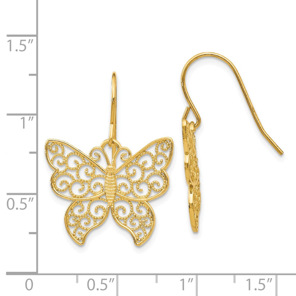 Alternate view of the 20mm Textured Filigree Butterfly Dangle Earrings in 14k Yellow Gold by The Black Bow Jewelry Co.