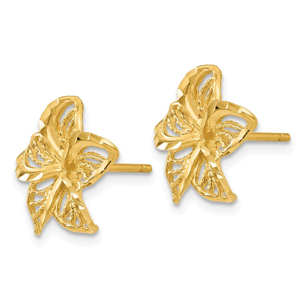 Alternate view of the 12mm Diamond Cut Filigree Plumeria Post Earrings in 14k Yellow Gold by The Black Bow Jewelry Co.