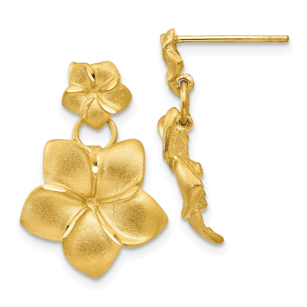 Double Satin Plumeria Dangle Post Earrings in 14k Yellow Gold, Item E10821 by The Black Bow Jewelry Co.