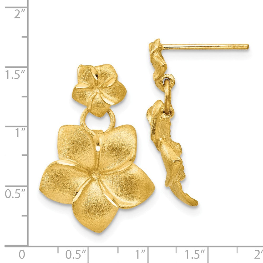 Alternate view of the Double Satin Plumeria Dangle Post Earrings in 14k Yellow Gold by The Black Bow Jewelry Co.