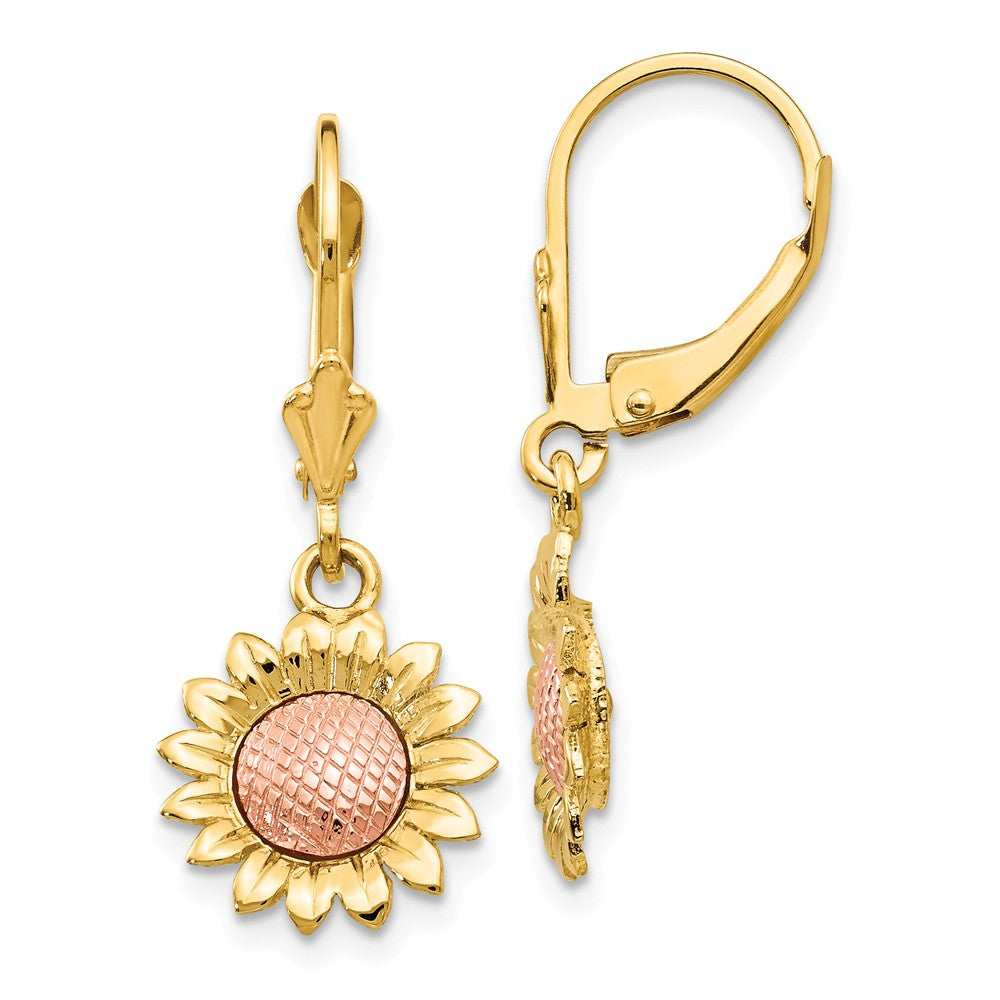 Two Tone Sunflower Lever Back Earrings in 14k Yellow and Rose Gold, Item E10822 by The Black Bow Jewelry Co.