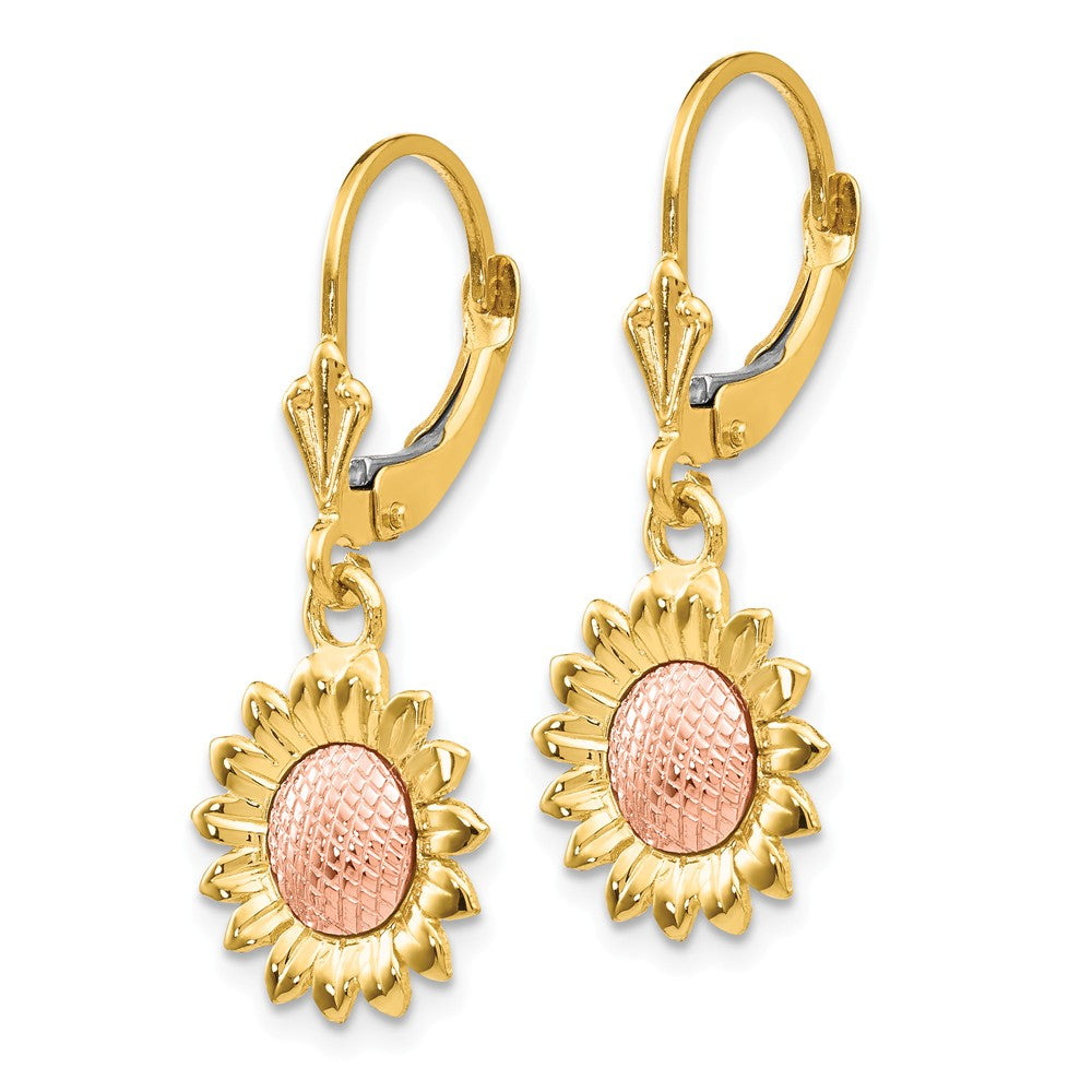 Alternate view of the Two Tone Sunflower Lever Back Earrings in 14k Yellow and Rose Gold by The Black Bow Jewelry Co.