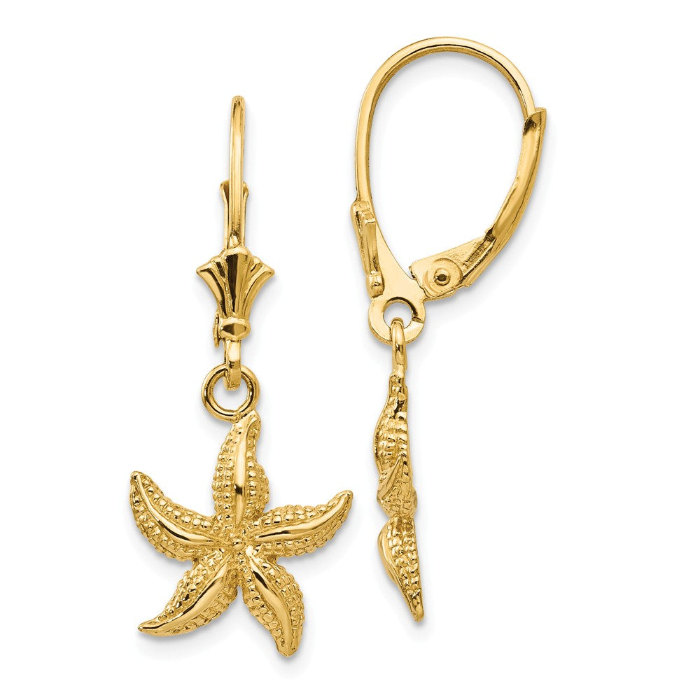 12mm Textured Starfish Lever Back Earrings in 14k Yellow Gold, Item E10842 by The Black Bow Jewelry Co.