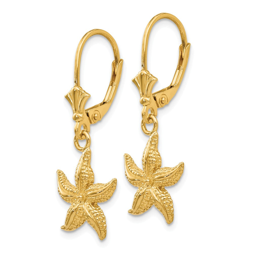 Alternate view of the 12mm Textured Starfish Lever Back Earrings in 14k Yellow Gold by The Black Bow Jewelry Co.