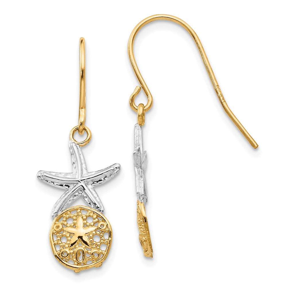 Two Tone Sand Dollar &amp; Starfish Dangle Earrings in 14k Gold, Item E10848 by The Black Bow Jewelry Co.