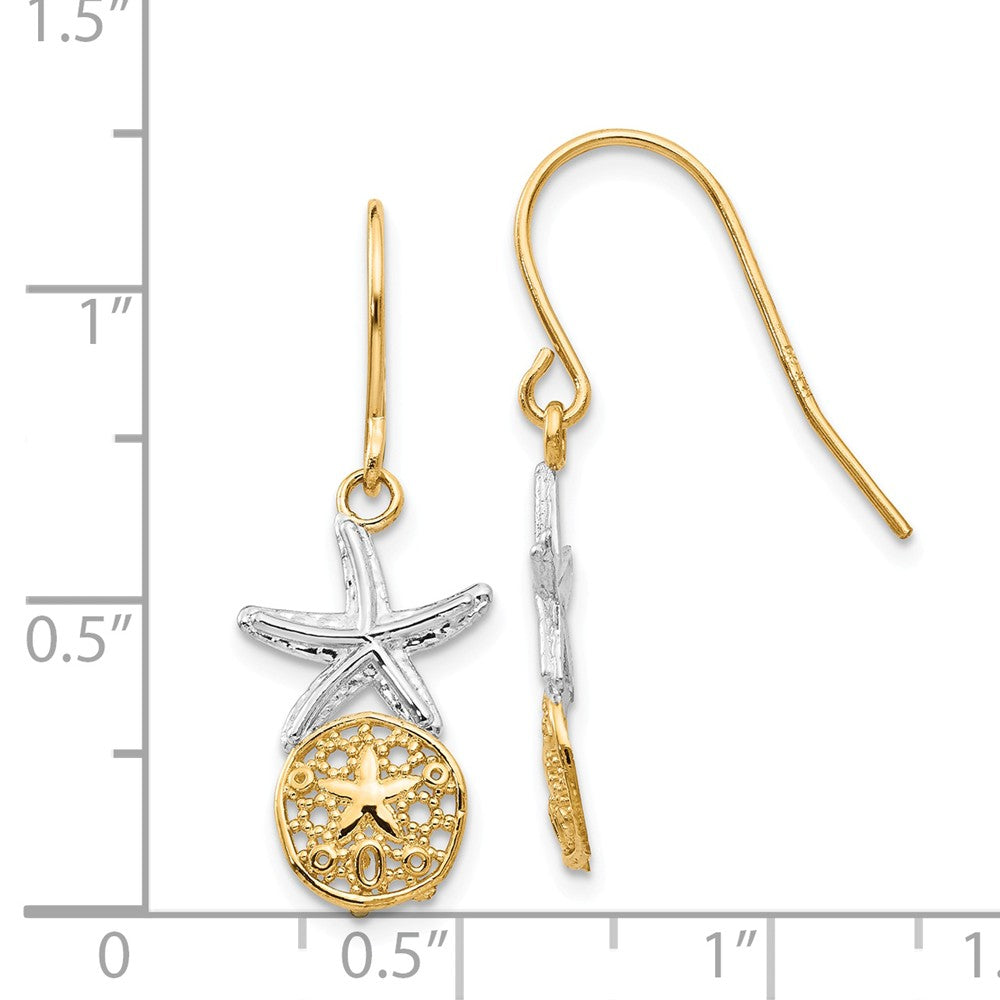 Alternate view of the Two Tone Sand Dollar &amp; Starfish Dangle Earrings in 14k Gold by The Black Bow Jewelry Co.