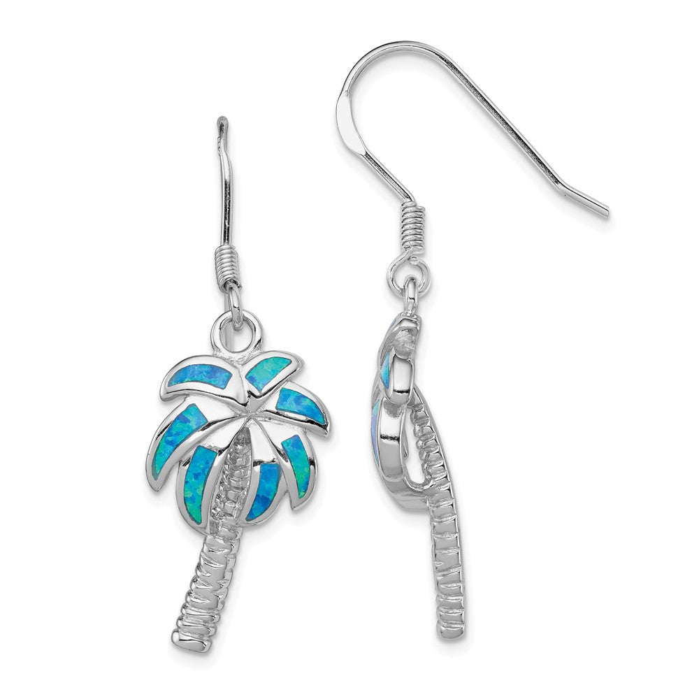 Created Blue Opal Inlay Palm Tree Dangle Earrings in Sterling Silver, Item E10883 by The Black Bow Jewelry Co.