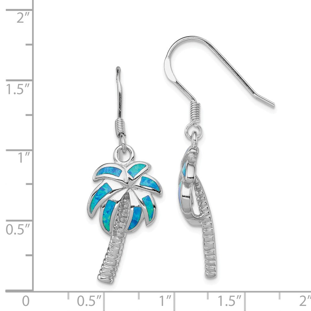 Alternate view of the Created Blue Opal Inlay Palm Tree Dangle Earrings in Sterling Silver by The Black Bow Jewelry Co.