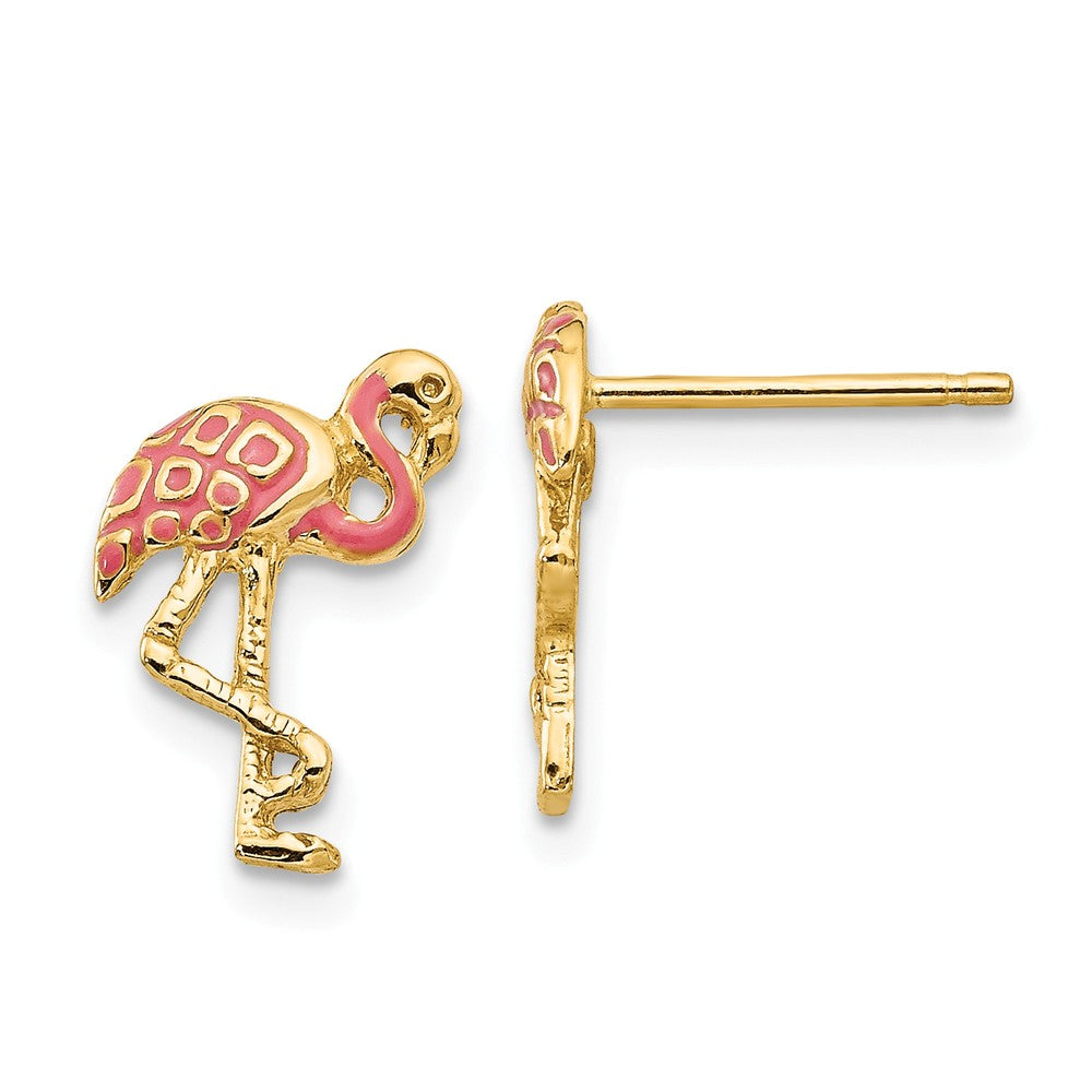 Pink Flamingo Post Earrings in 14k Yellow Gold and Enamel, Item E10893 by The Black Bow Jewelry Co.