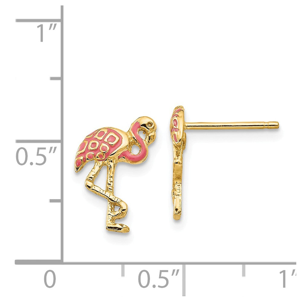 Alternate view of the Pink Flamingo Post Earrings in 14k Yellow Gold and Enamel by The Black Bow Jewelry Co.