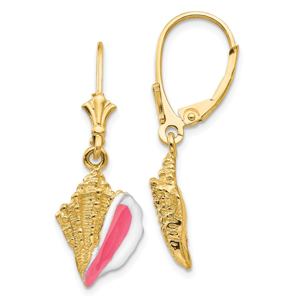 Pink &amp; White Enameled Conch Shell Dangle Earrings in 14k Yellow Gold, Item E10897 by The Black Bow Jewelry Co.