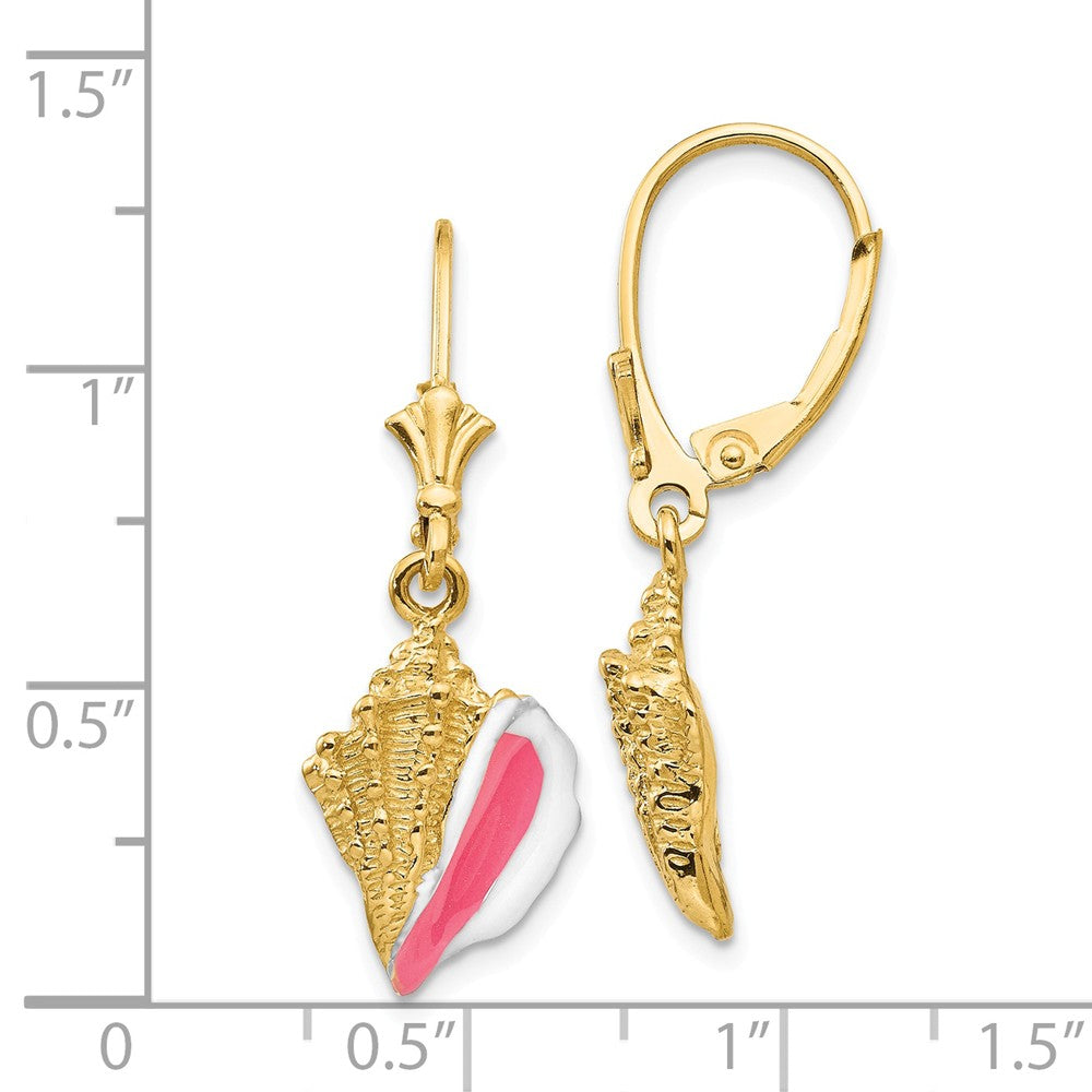 Alternate view of the Pink &amp; White Enameled Conch Shell Dangle Earrings in 14k Yellow Gold by The Black Bow Jewelry Co.