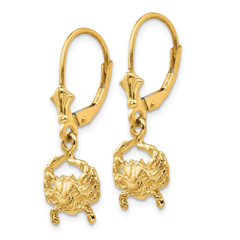 Alternate view of the Blue Crab Lever Back Earrings in 14k Yellow Gold by The Black Bow Jewelry Co.