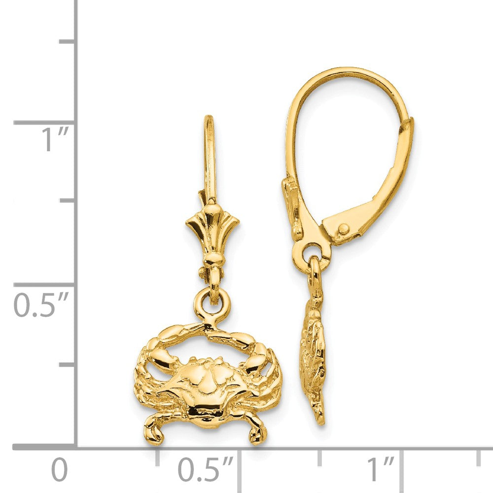 Alternate view of the Blue Crab Lever Back Earrings in 14k Yellow Gold by The Black Bow Jewelry Co.