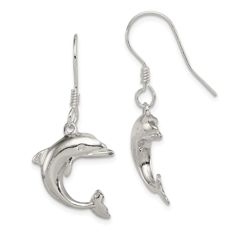 Polished Dolphin Dangle Earrings in Sterling Silver, Item E10903 by The Black Bow Jewelry Co.