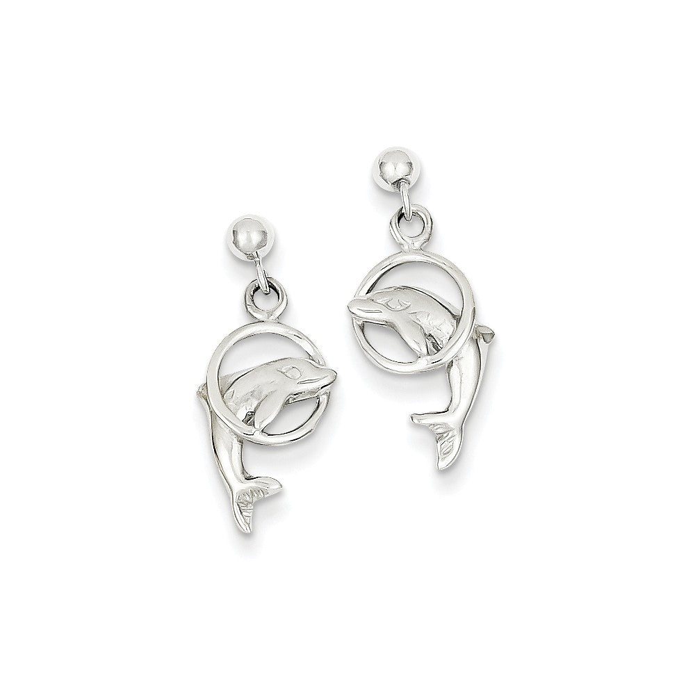 Dolphin &amp; Hoop Dangle Post Earrings in 14k White Gold, Item E10910 by The Black Bow Jewelry Co.