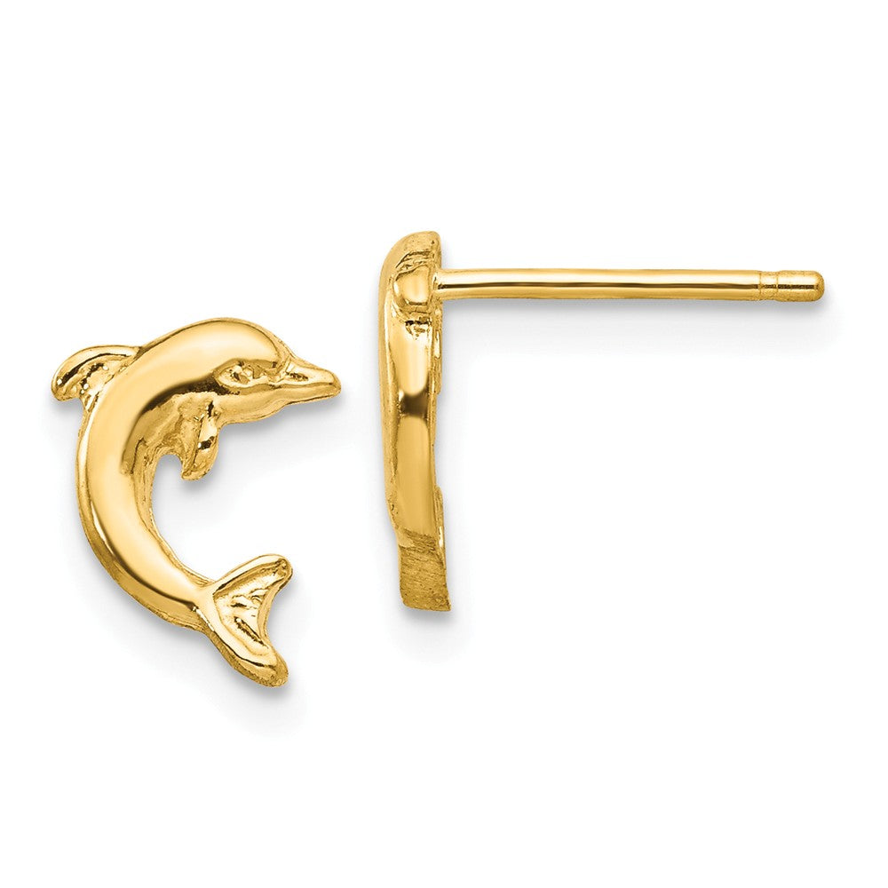 Small 2D Jumping Dolphin Post Earrings in 14k Yellow Gold, Item E10914 by The Black Bow Jewelry Co.