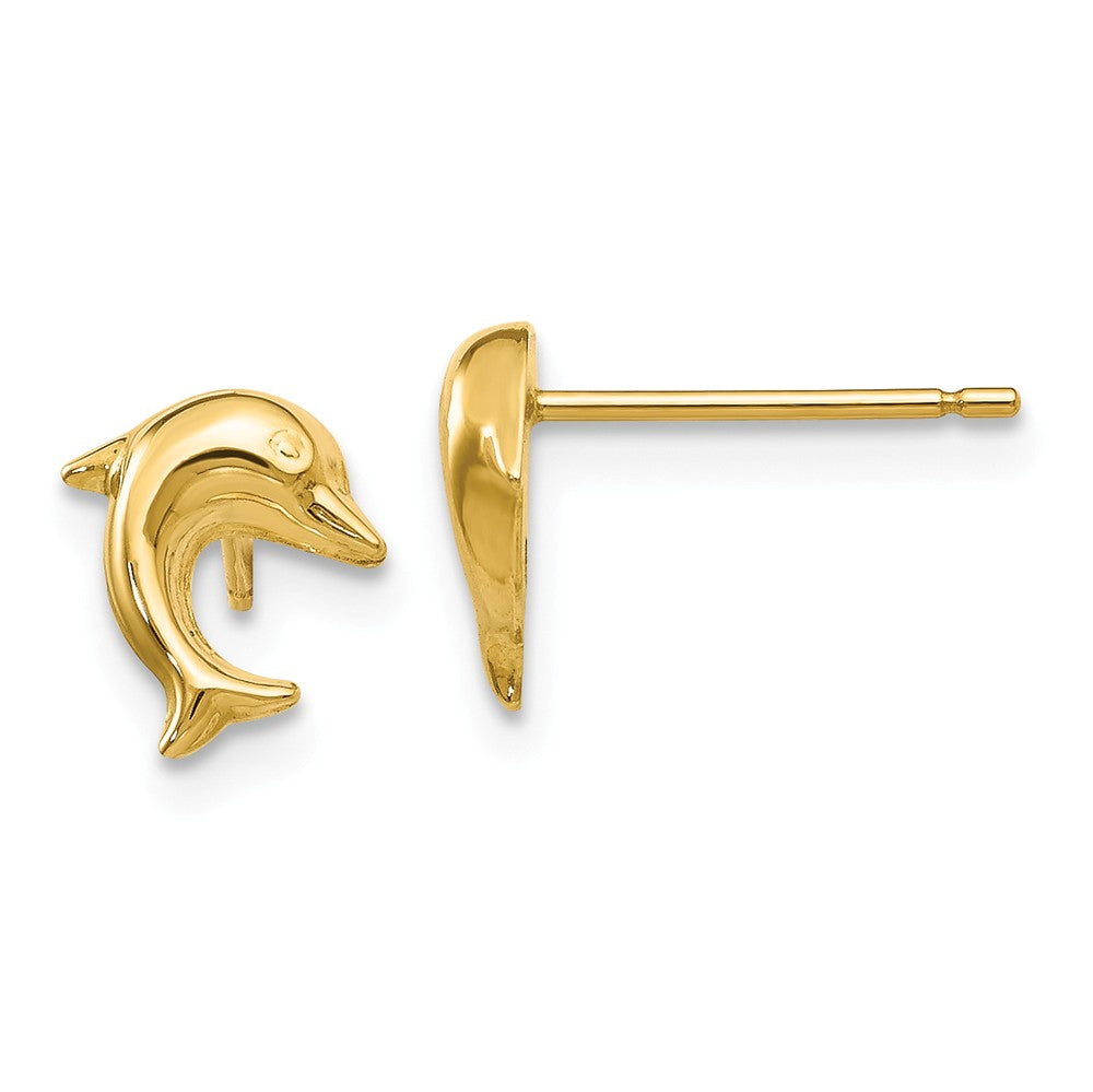 8mm Polished 3D Dolphin Post Earrings in 14k Yellow Gold, Item E10915 by The Black Bow Jewelry Co.