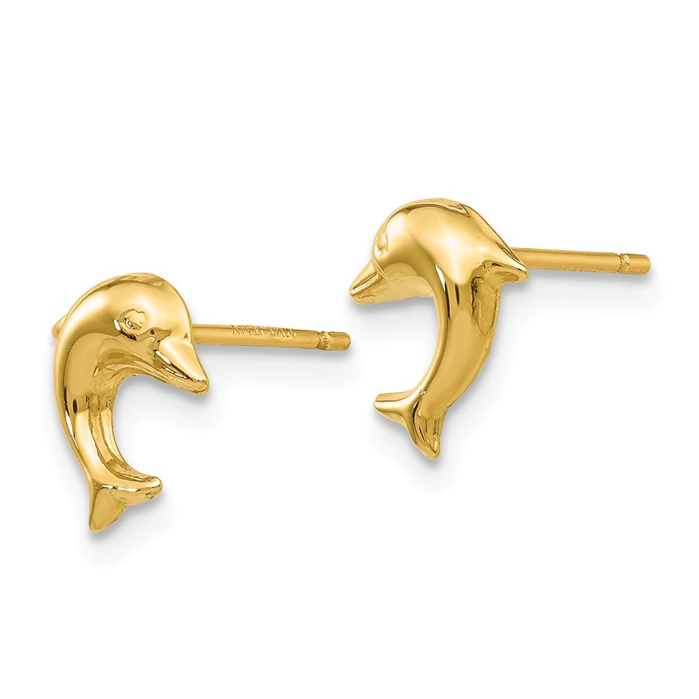 Alternate view of the 8mm Polished 3D Dolphin Post Earrings in 14k Yellow Gold by The Black Bow Jewelry Co.
