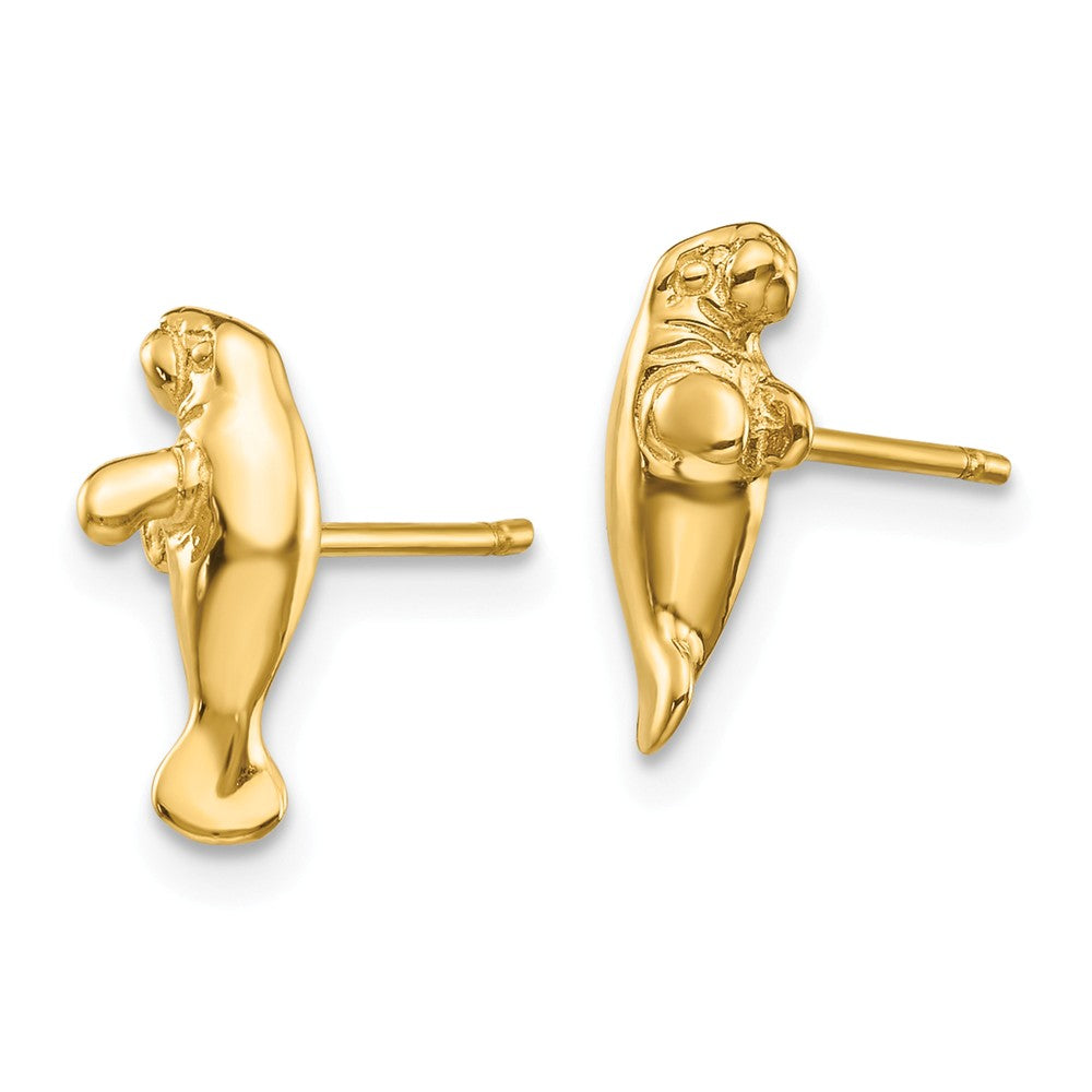 Alternate view of the Mini Manatee Post Earrings in 14k Yellow Gold by The Black Bow Jewelry Co.