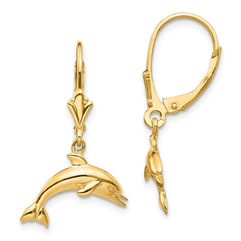 16mm Polished Dolphin Lever Back Earrings in 14k Yellow Gold, Item E10919 by The Black Bow Jewelry Co.