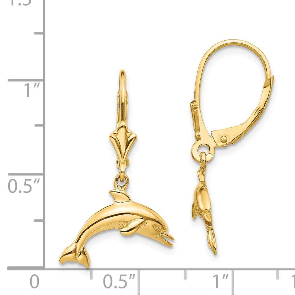 Alternate view of the 16mm Polished Dolphin Lever Back Earrings in 14k Yellow Gold by The Black Bow Jewelry Co.