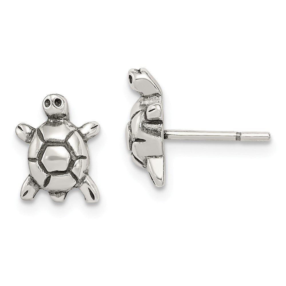 Kids Antiqued Turtle Post Earrings in Sterling Silver, Item E10920 by The Black Bow Jewelry Co.