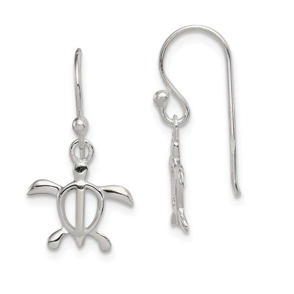 Small Open Sea Turtle Dangle Earrings in Sterling Silver, Item E10922 by The Black Bow Jewelry Co.