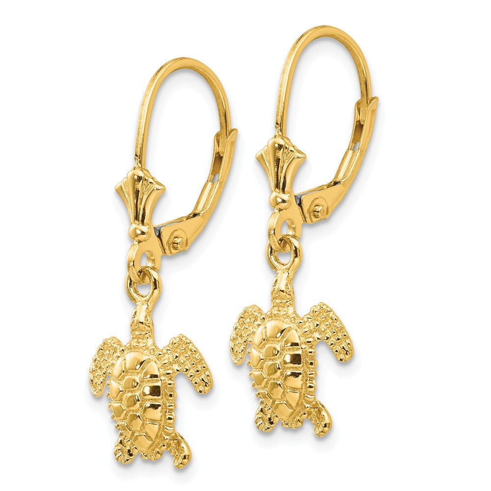 Alternate view of the 11mm Textured Sea Turtle Lever Back Earrings in 14k Yellow Gold by The Black Bow Jewelry Co.