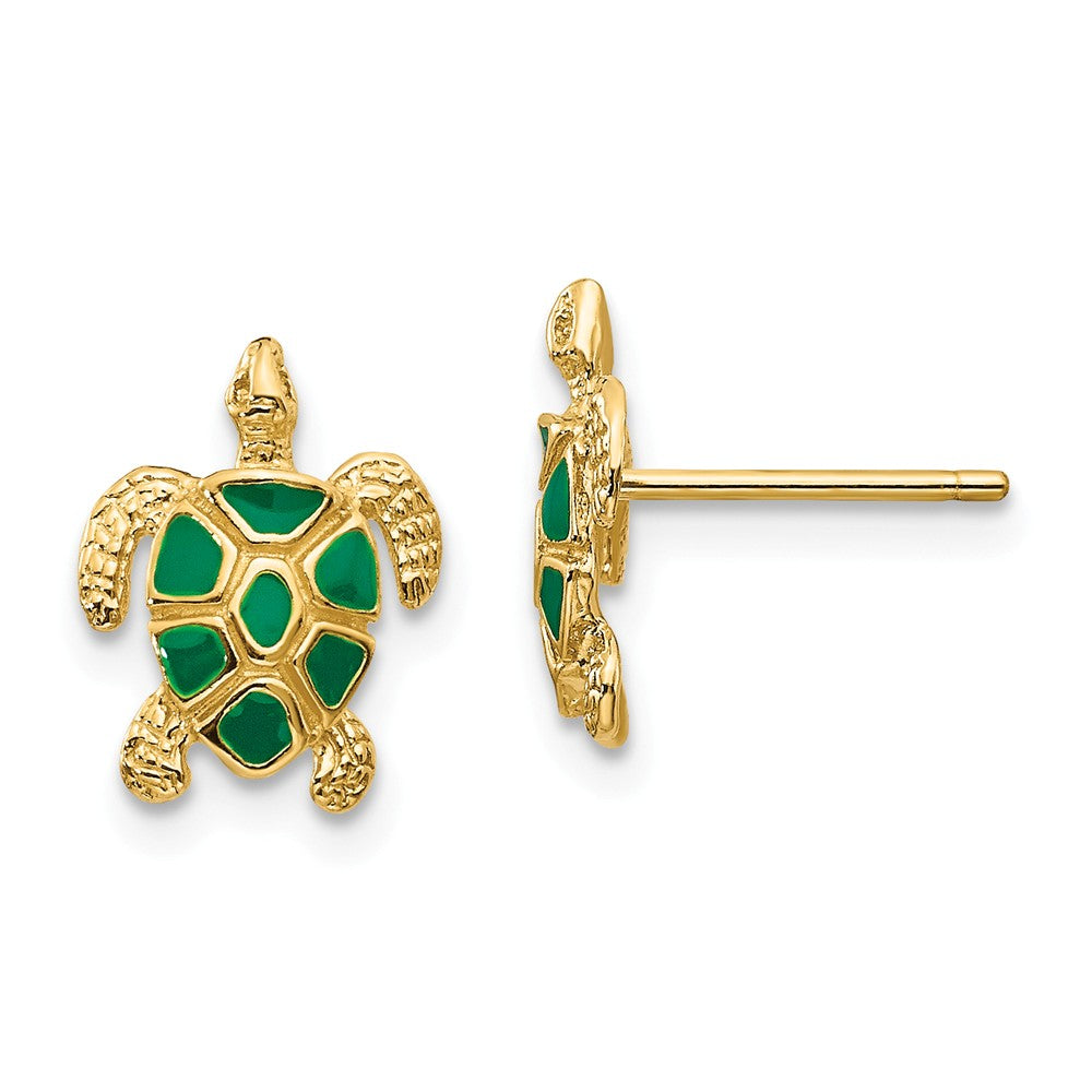 Small Green Enameled Sea Turtle Post Earrings in 14k Yellow Gold, Item E10925 by The Black Bow Jewelry Co.